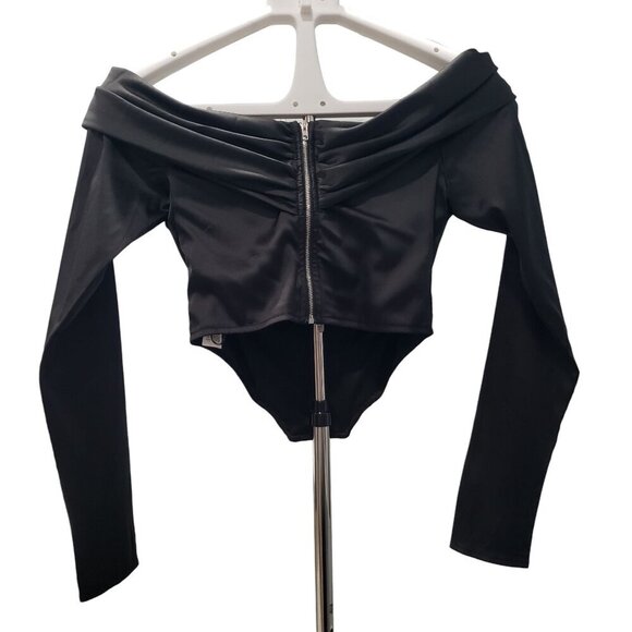 Missguided Bardot Black Satin Corset Top Off Shoulder Zipper Back Womens 6 - Picture 4 of 10